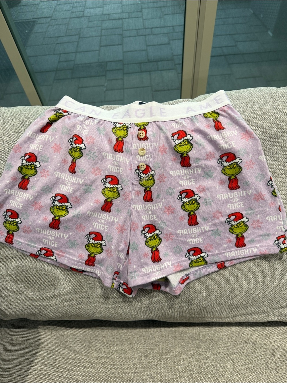 American Eagle Outfitters Light Purple Grinch Print Lounge Shorts and top